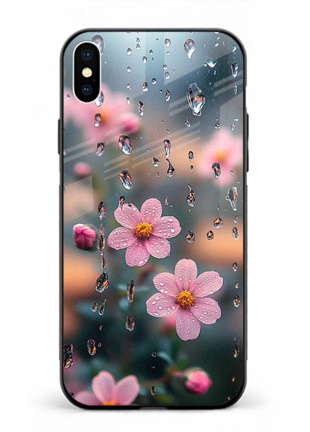 Raindrop cherry blossom artwork on iphone x glass back cover with soft pastel tones.
