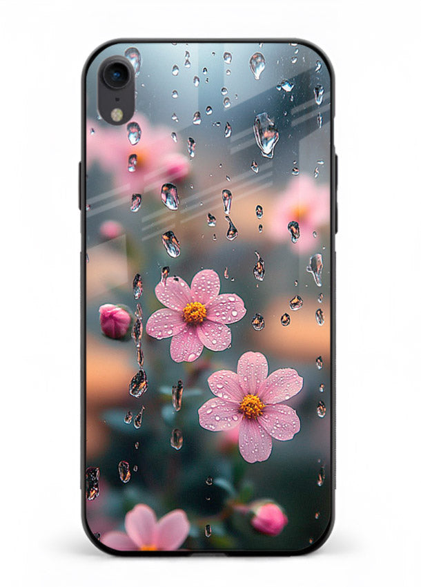 Raindrop cherry blossom artwork on iphone xr glass back cover with soft pastel tones.