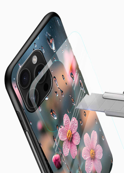 Raindrop cherry blossom artwork on glossy vibrant premium glass back cover with soft pastel tones. - Angle Blade