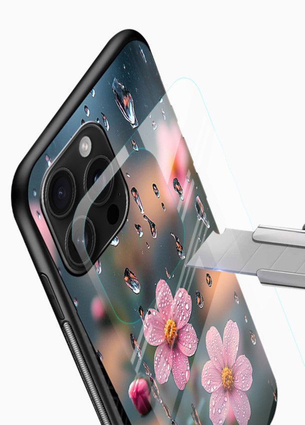 Raindrop cherry blossom artwork on glossy vibrant premium glass back cover with soft pastel tones. - Angle Blade