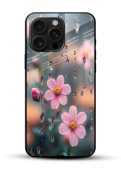 Raindrop cherry blossom artwork on glossy vibrant premium glass back cover with soft pastel tones. - Angle Front