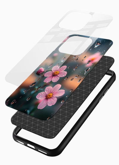 Raindrop cherry blossom artwork on glossy vibrant premium glass back cover with soft pastel tones. - Angle Layers