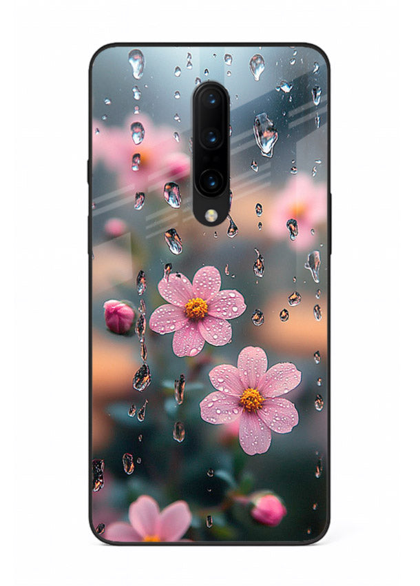 Raindrop cherry blossom artwork on OnePlus 7T Pro glass back cover with soft pastel tones.