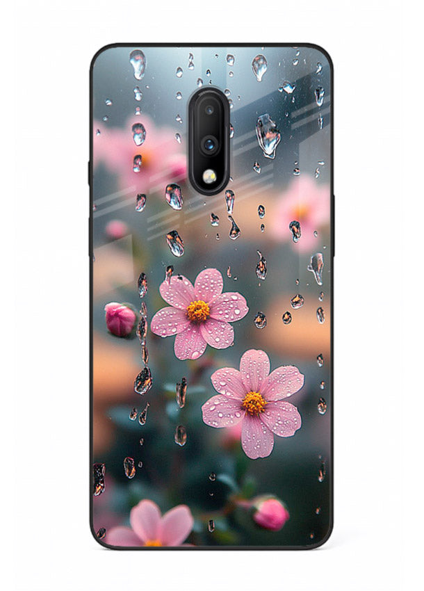 Raindrop cherry blossom artwork on OnePlus 7 glass back cover with soft pastel tones.