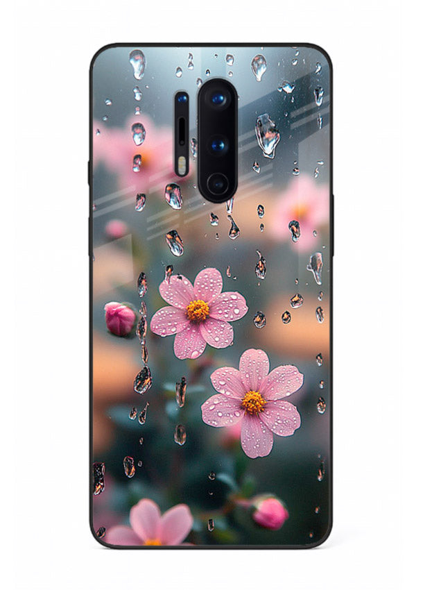 Raindrop cherry blossom artwork on OnePlus 8 Pro glass back cover with soft pastel tones.