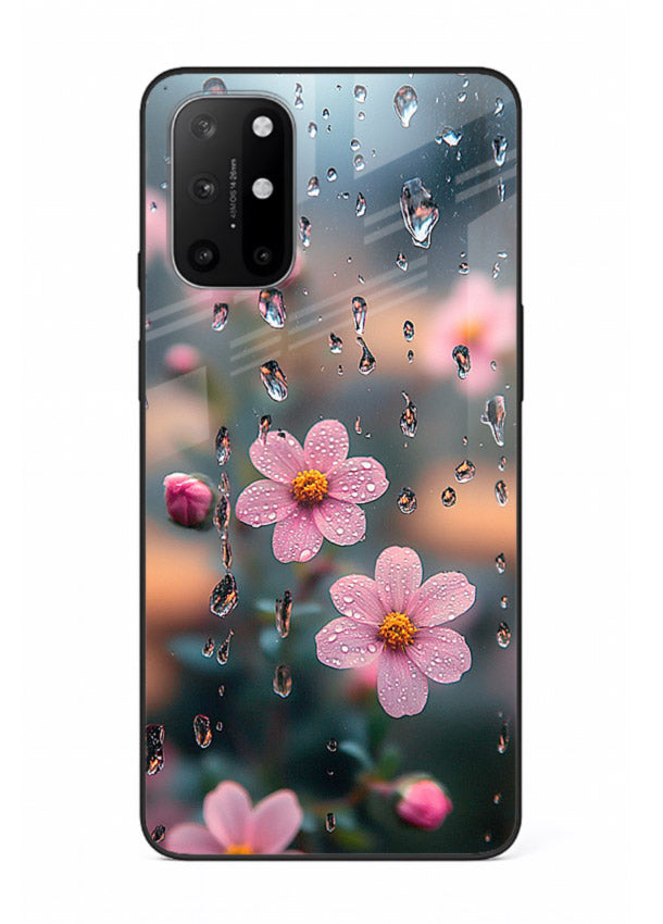 Raindrop cherry blossom artwork on OnePlus 8T glass back cover with soft pastel tones.