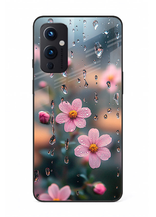 Raindrop cherry blossom artwork on OnePlus 9 Pro glass back cover with soft pastel tones.