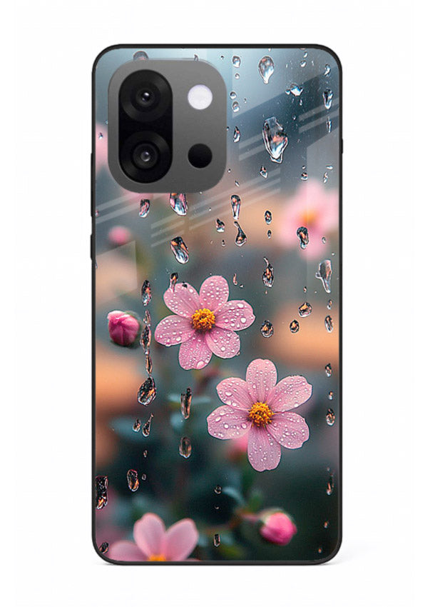 Raindrop cherry blossom artwork on OnePlus 13s glass back cover with soft pastel tones.