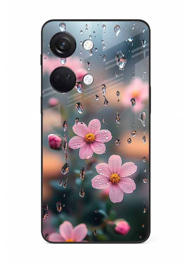 Raindrop cherry blossom artwork on OnePlus Nord 3 glass back cover with soft pastel tones.