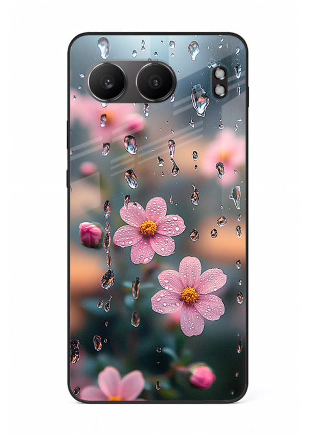 Raindrop cherry blossom artwork on OnePlus Nord 4 glass back cover with soft pastel tones.