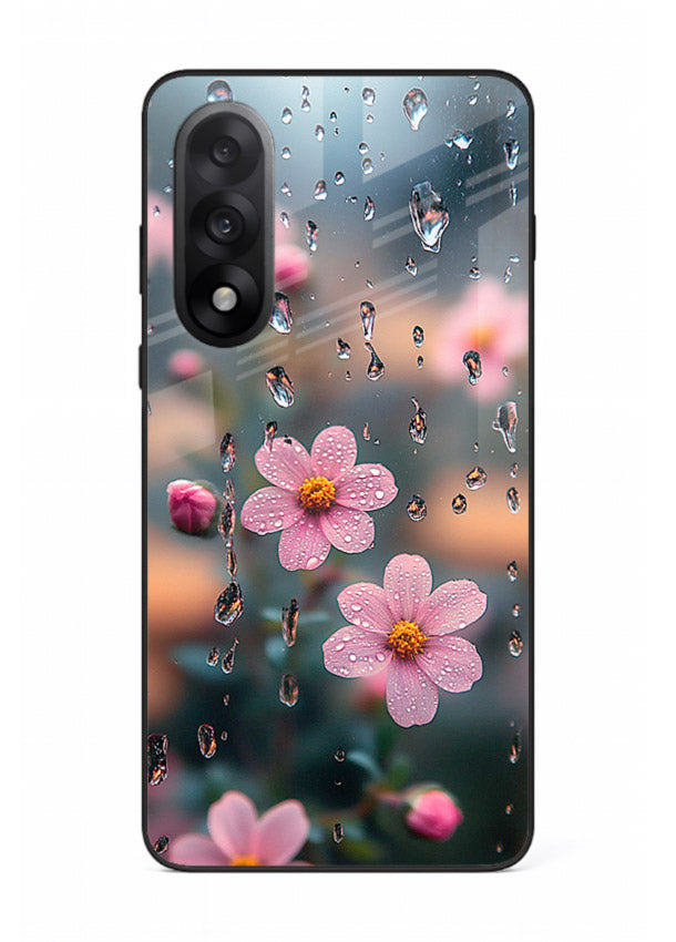 Raindrop cherry blossom artwork on OnePlus Nord 5 glass back cover with soft pastel tones.