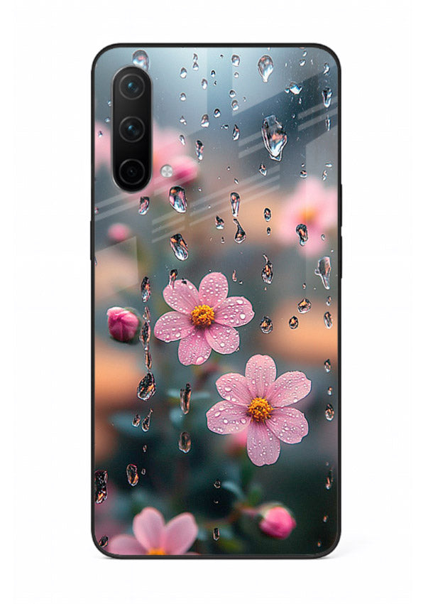 Raindrop cherry blossom artwork on OnePlus Nord CE 5G glass back cover with soft pastel tones.