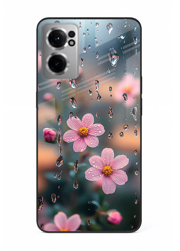 Raindrop cherry blossom artwork on OnePlus Nord CE2 5G glass back cover with soft pastel tones.