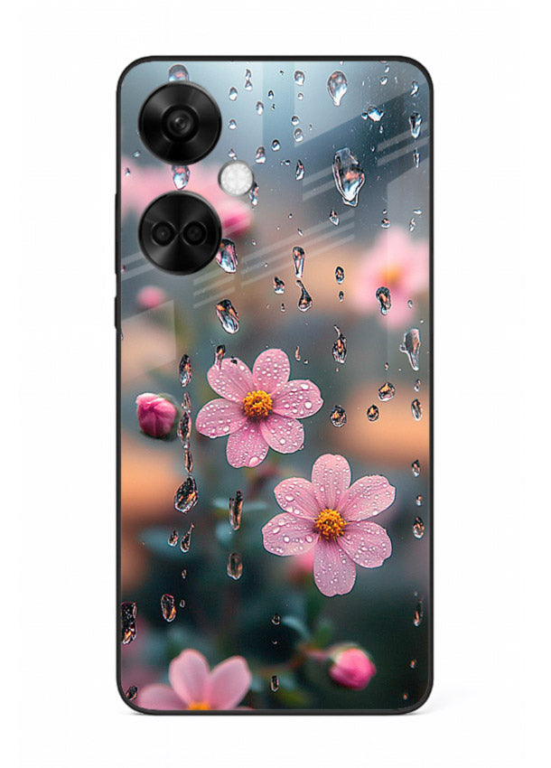 Raindrop cherry blossom artwork on OnePlus Nord CE3 glass back cover with soft pastel tones.