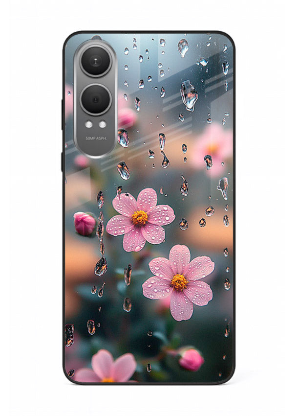 Raindrop cherry blossom artwork on OnePlus Nord CE4 Lite glass back cover with soft pastel tones.
