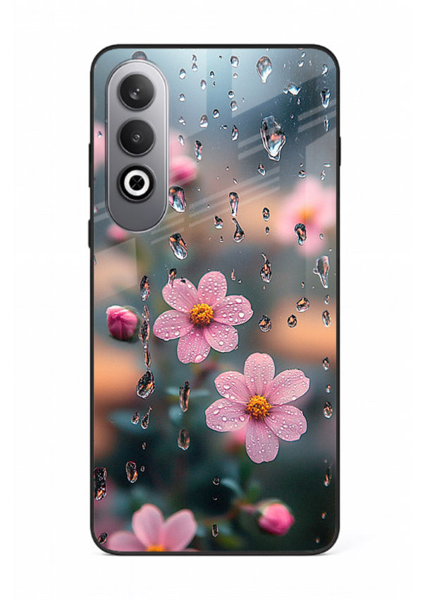 Raindrop cherry blossom artwork on OnePlus Nord CE4 glass back cover with soft pastel tones.