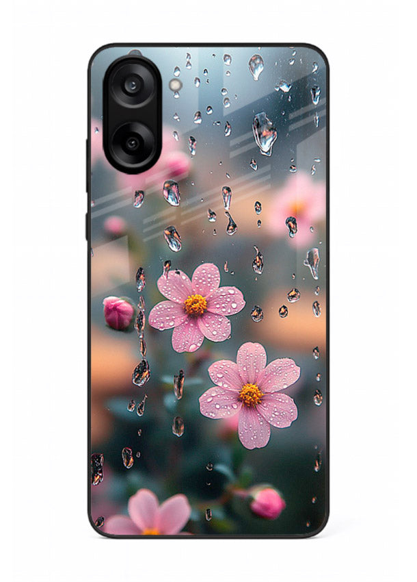 Raindrop cherry blossom artwork on OnePlus Nord CE5 glass back cover with soft pastel tones.