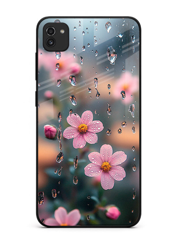 Raindrop cherry blossom artwork on Samsung A03 glass back cover with soft pastel tones.