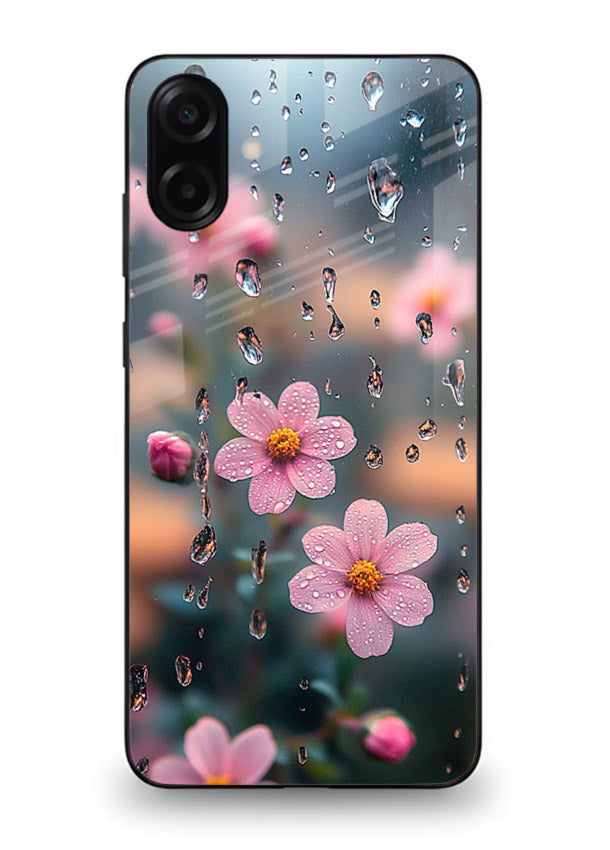 Raindrop cherry blossom artwork on Samsung A07 4G glass back cover with soft pastel tones.