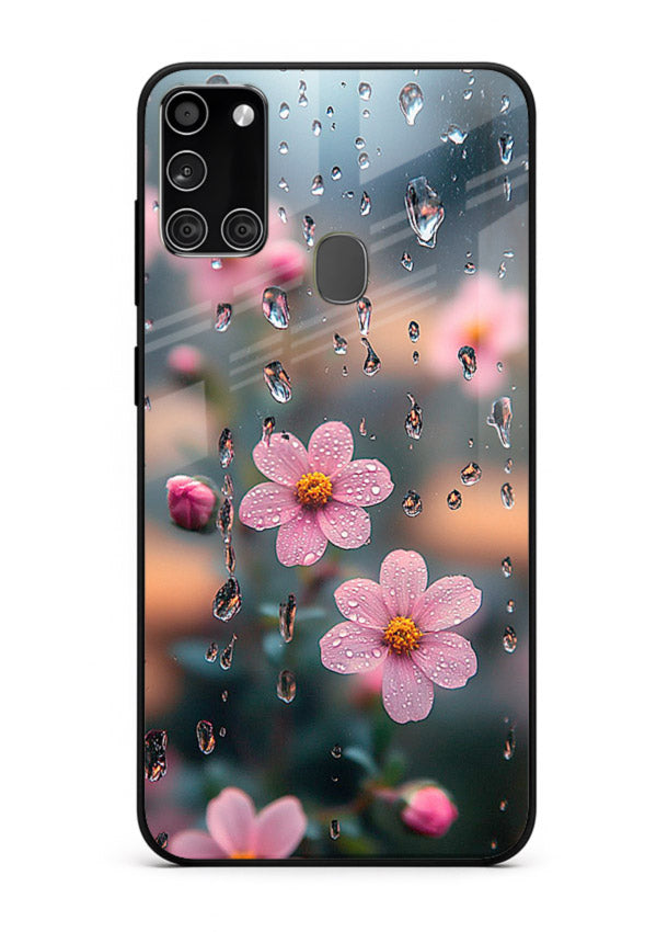 Raindrop cherry blossom artwork on Samsung A21s glass back cover with soft pastel tones.