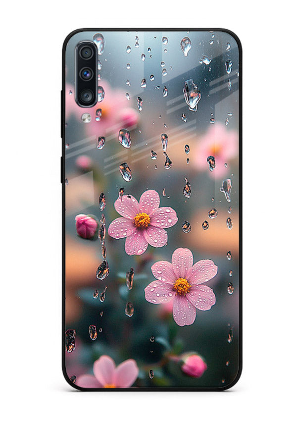 Raindrop cherry blossom artwork on Samsung A70 glass back cover with soft pastel tones.