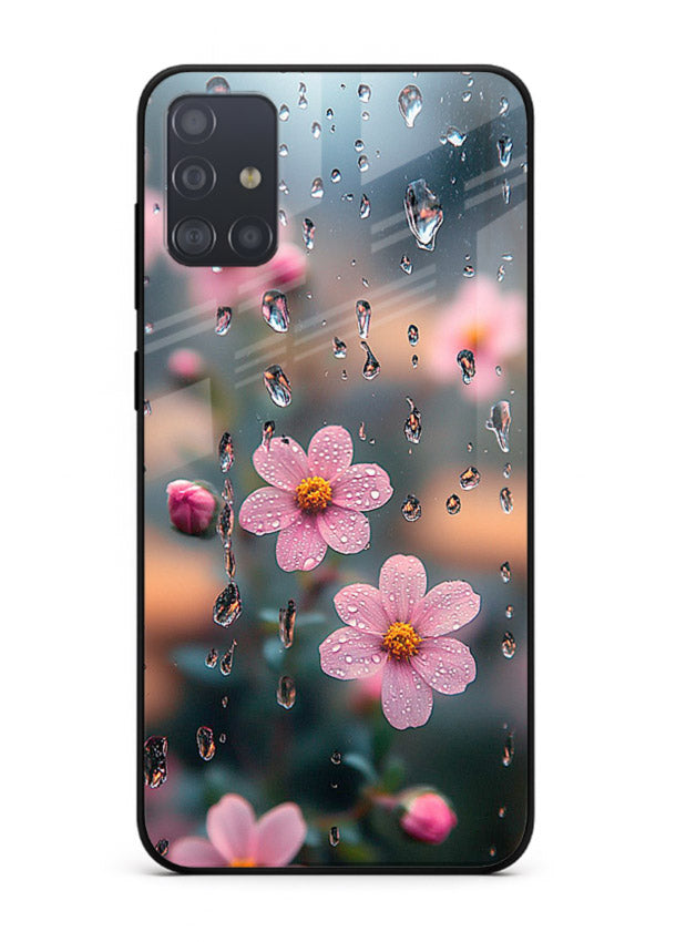 Raindrop cherry blossom artwork on Samsung A71 glass back cover with soft pastel tones.