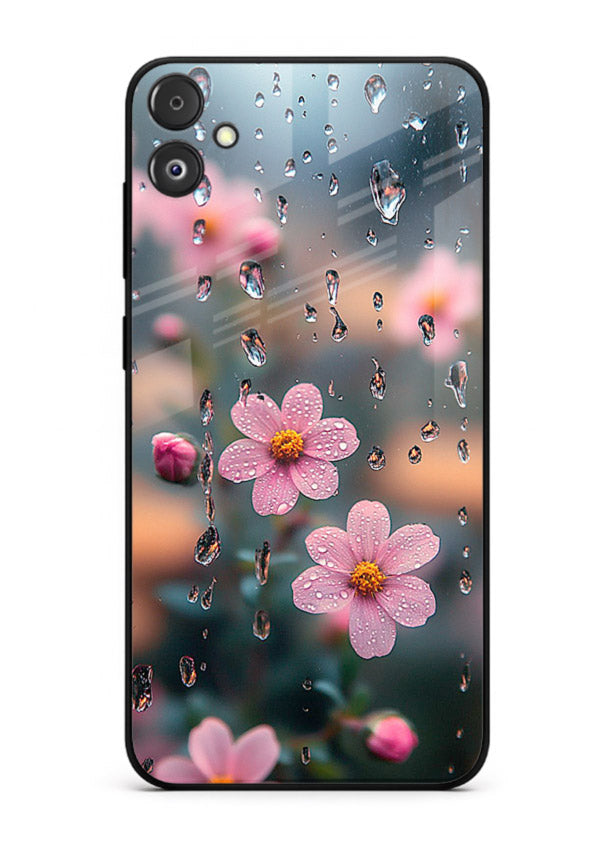 Raindrop cherry blossom artwork on Samsung F04 5G glass back cover with soft pastel tones.