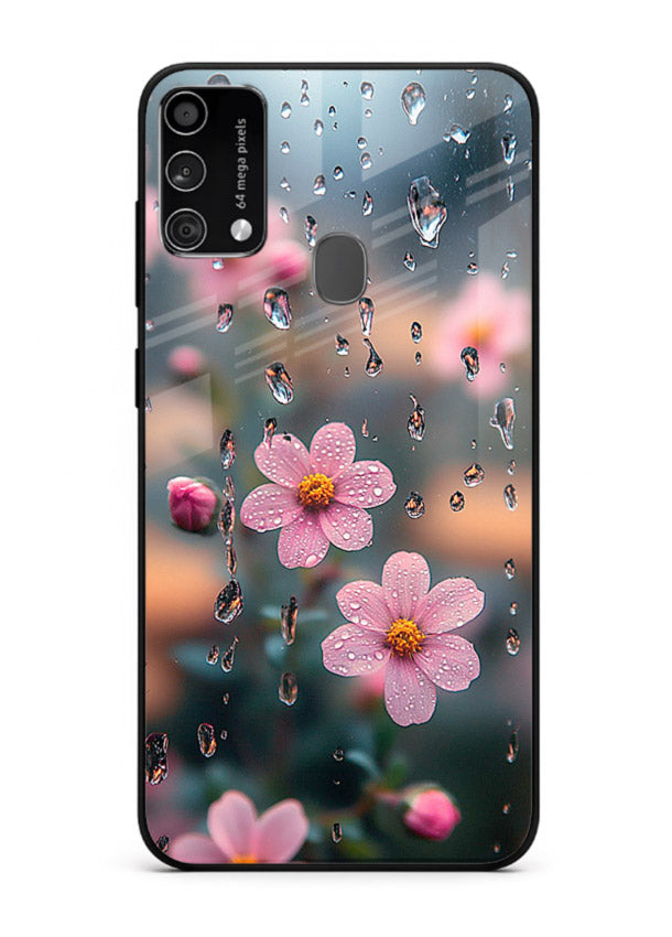 Raindrop cherry blossom artwork on Samsung F41 glass back cover with soft pastel tones.