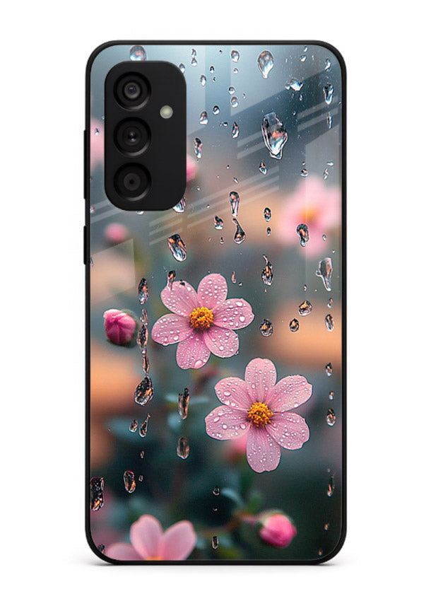 Raindrop cherry blossom artwork on Samsung F54 5G glass back cover with soft pastel tones.
