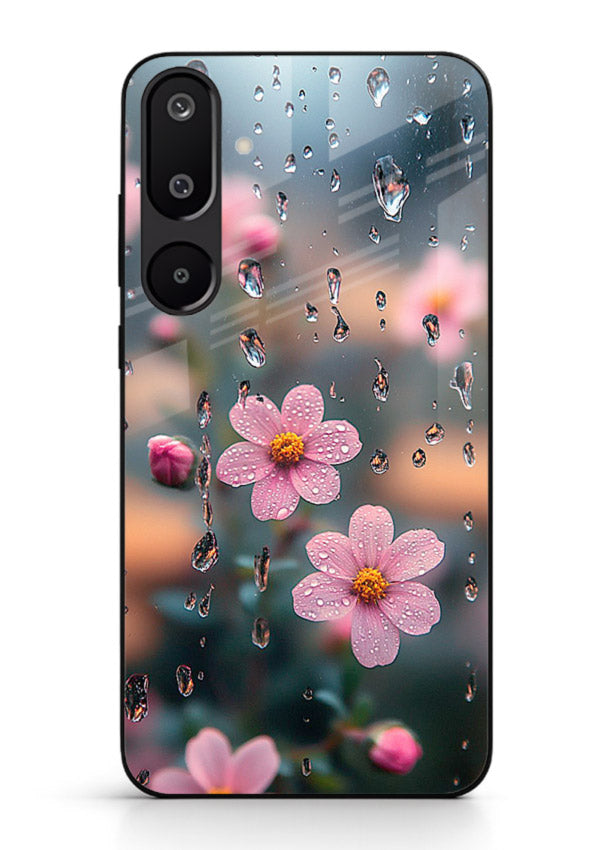 Raindrop cherry blossom artwork on Samsung M16 5G glass back cover with soft pastel tones.