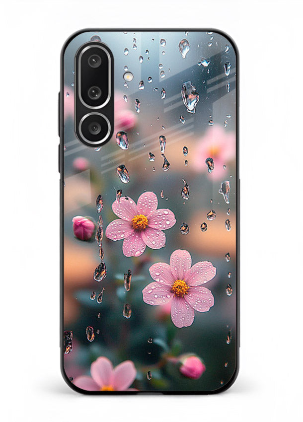 Raindrop cherry blossom artwork on Samsung M36 5G glass back cover with soft pastel tones.