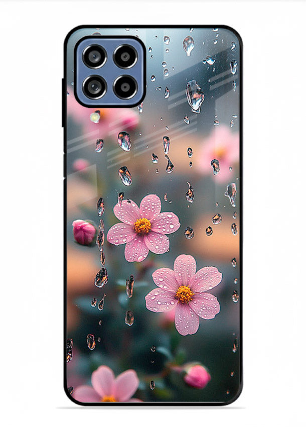 Raindrop cherry blossom artwork on Samsung A22 4G glass back cover with soft pastel tones.