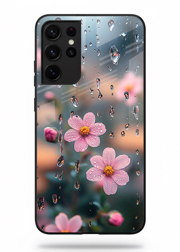 Raindrop cherry blossom artwork on Samsung S21 Ultra glass back cover with soft pastel tones.