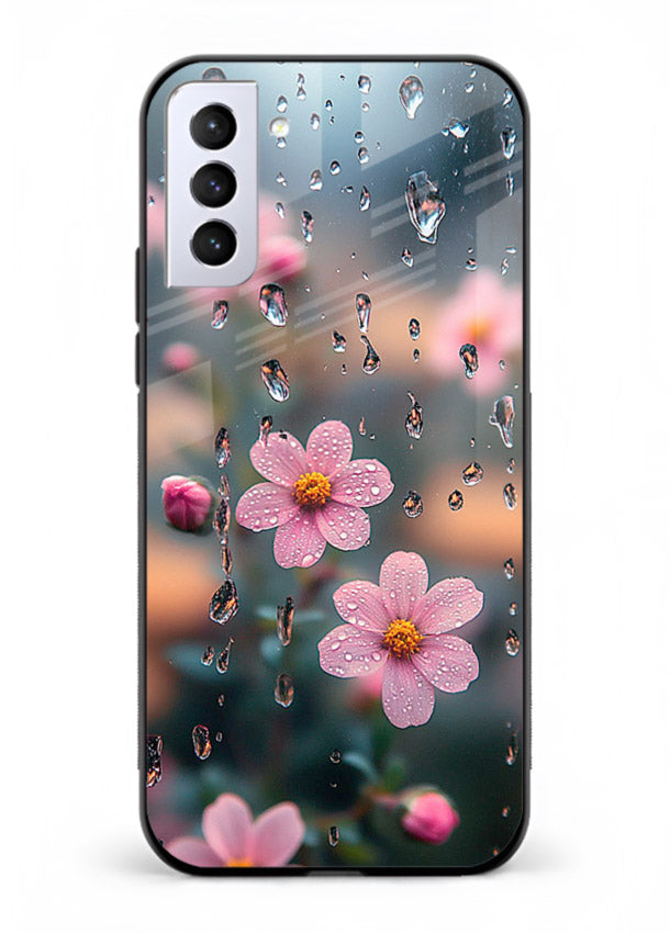 Raindrop cherry blossom artwork on Samsung S21 FE glass back cover with soft pastel tones.