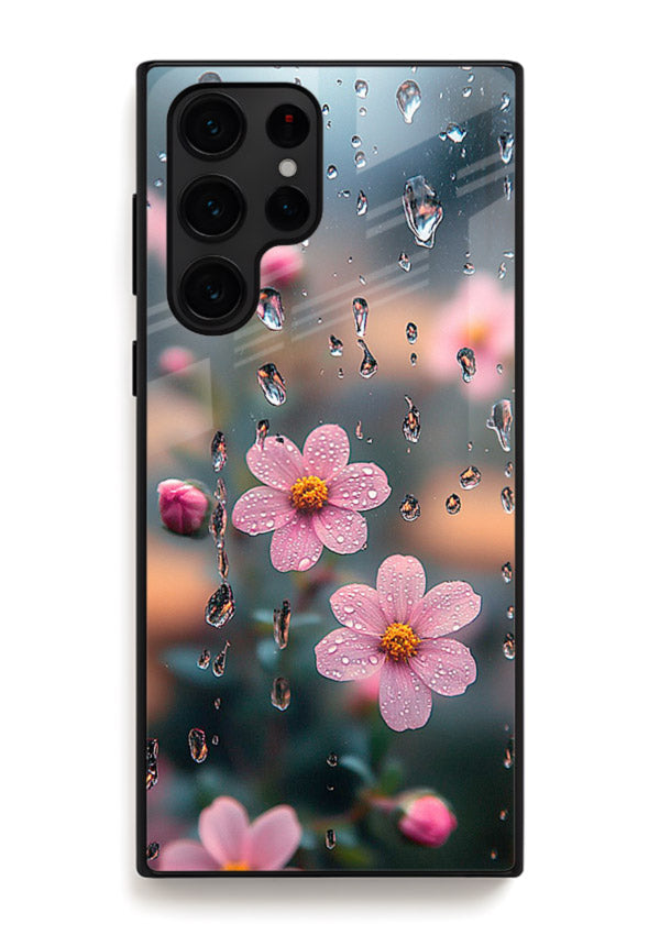 Raindrop cherry blossom artwork on Samsung S22 Ultra glass back cover with soft pastel tones.