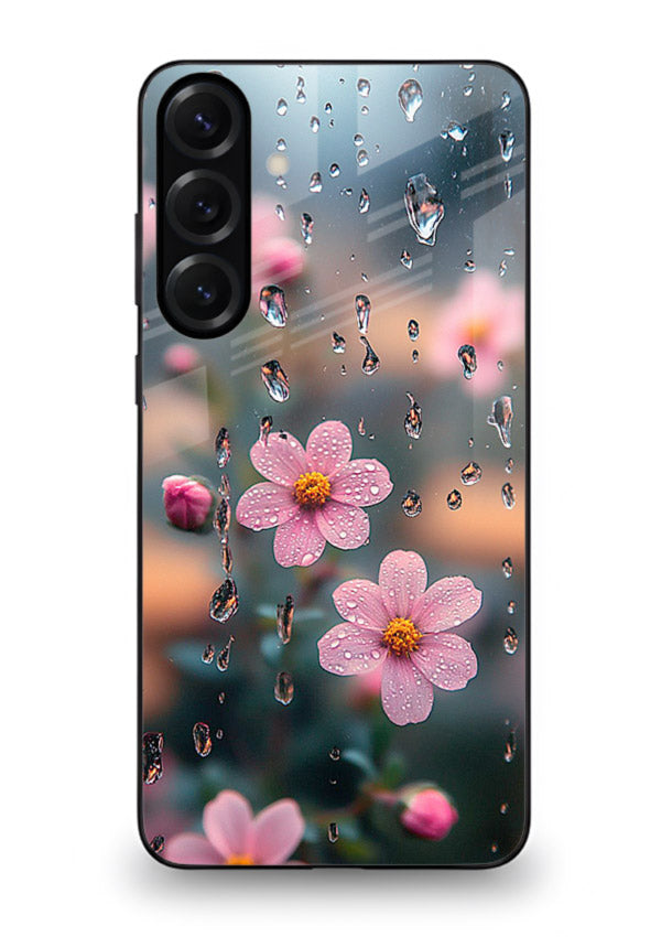 Raindrop cherry blossom artwork on Samsung M55 5G glass back cover with soft pastel tones.