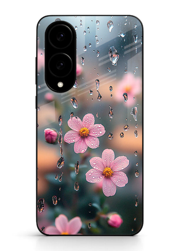 Raindrop cherry blossom artwork on Samsung S25 Edge glass back cover with soft pastel tones.