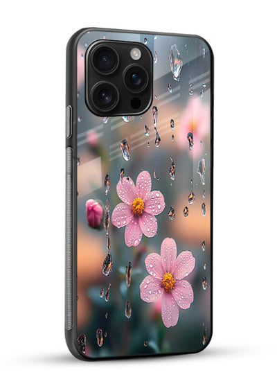 Raindrop cherry blossom artwork on glossy vibrant premium glass back cover with soft pastel tones. - Angle Side