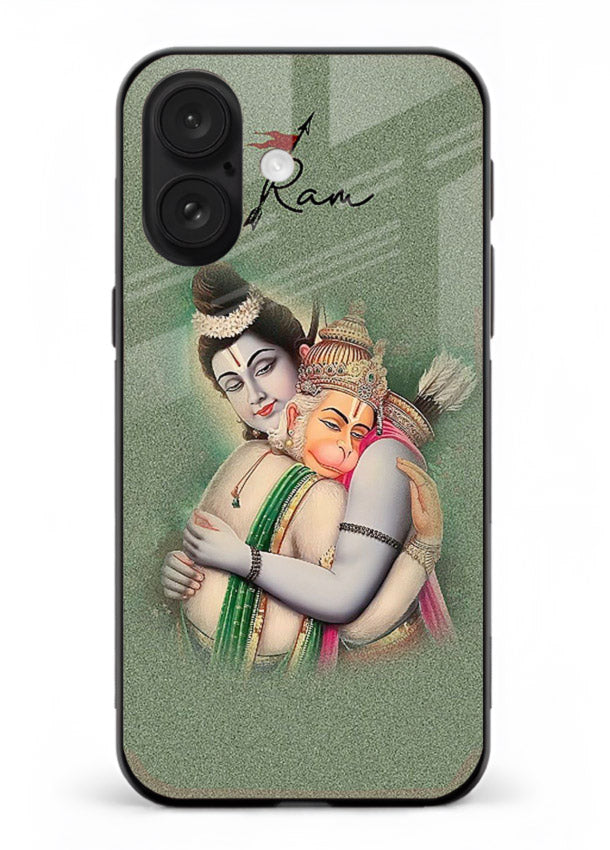Ram Hanuman embrace artwork iphone 16 mobile glass back cover