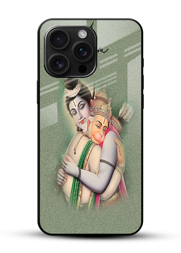 Ram Hanuman embrace artwork glossy vibrant premium mobile glass back cover - Angle Front