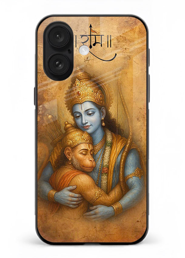 Ram holding baby Hanuman artwork iphone 17 glass back cover