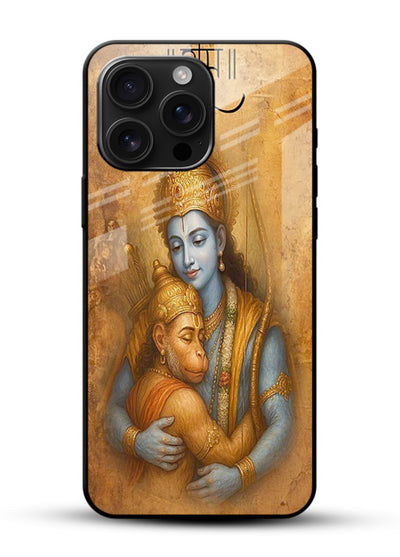 Ram holding baby Hanuman artwork glossy vibrant premium glass back cover - Angle Front