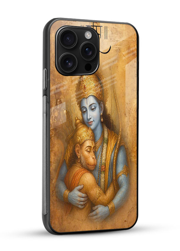 Ram holding baby Hanuman artwork glossy vibrant premium glass back cover - Angle Side
