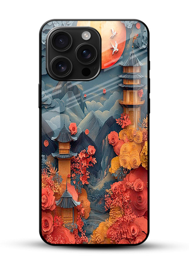 Red Blossom Moon moonlit blossom landscape artwork glossy vibrant premium glass back cover - Angle Front