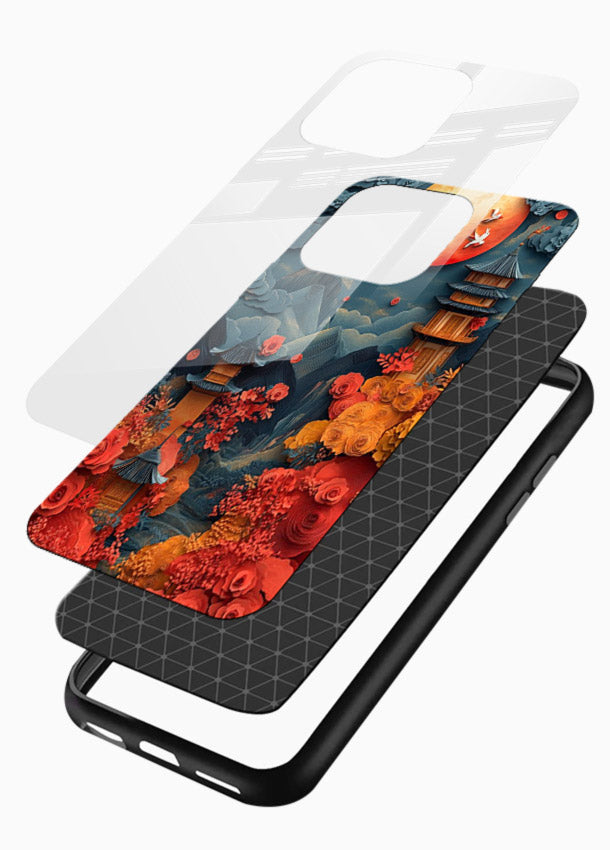 Red Blossom Moon moonlit blossom landscape artwork glossy vibrant premium glass back cover - Angle Layers
