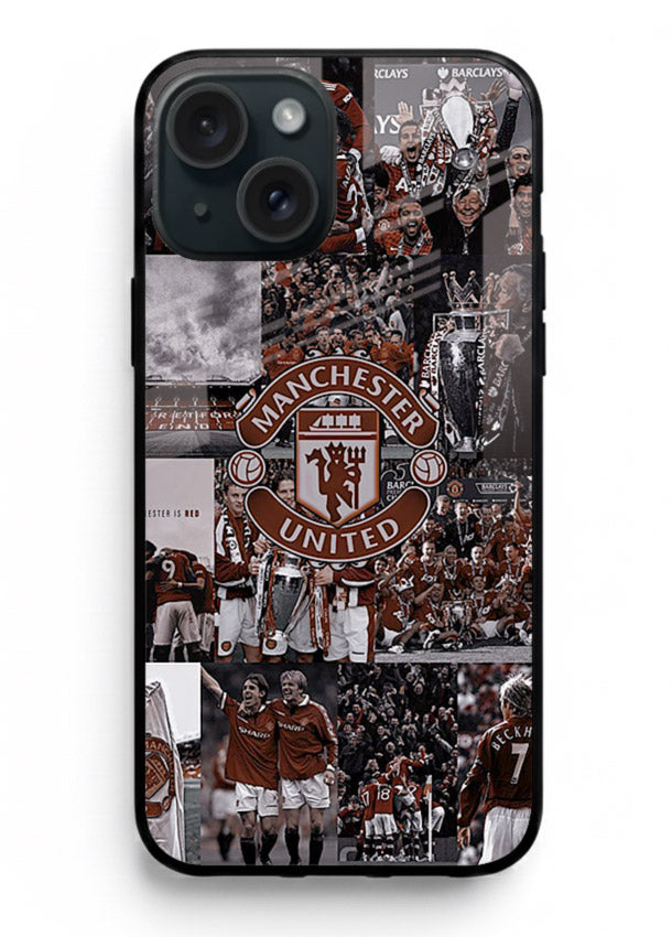 Football collage artwork printed on glossy tempered glass iPhone 15 Plus back cover