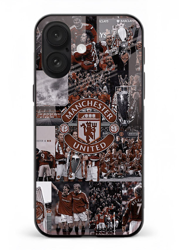 Football collage artwork printed on glossy tempered glass iPhone 17 back cover