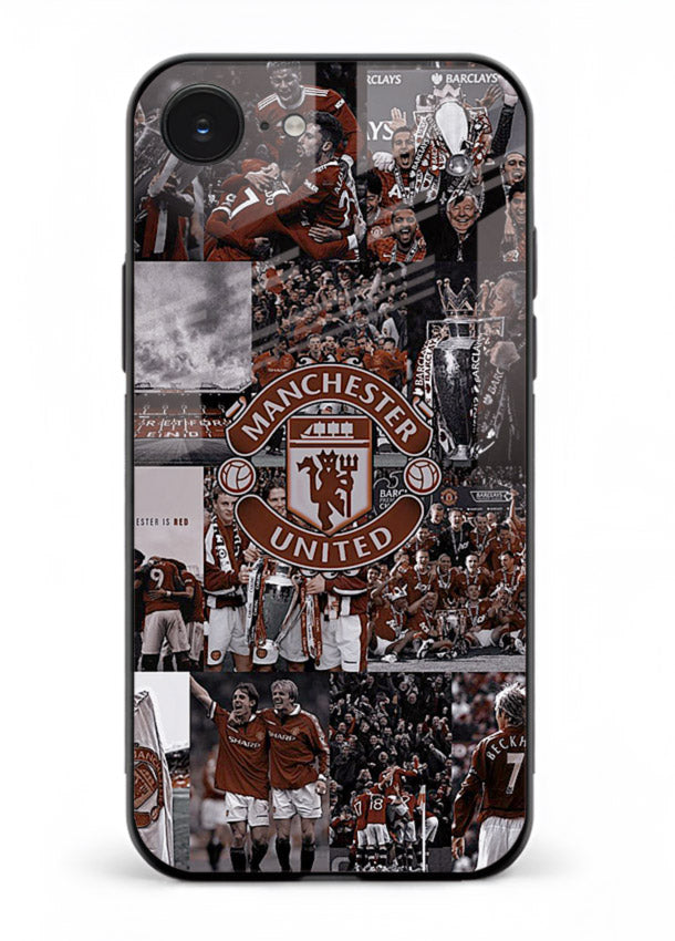 Football collage artwork printed on glossy tempered glass iPhone 16E back cover