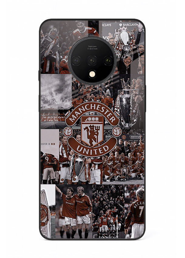 Football collage artwork printed on glossy tempered glass OnePlus 7T back cover