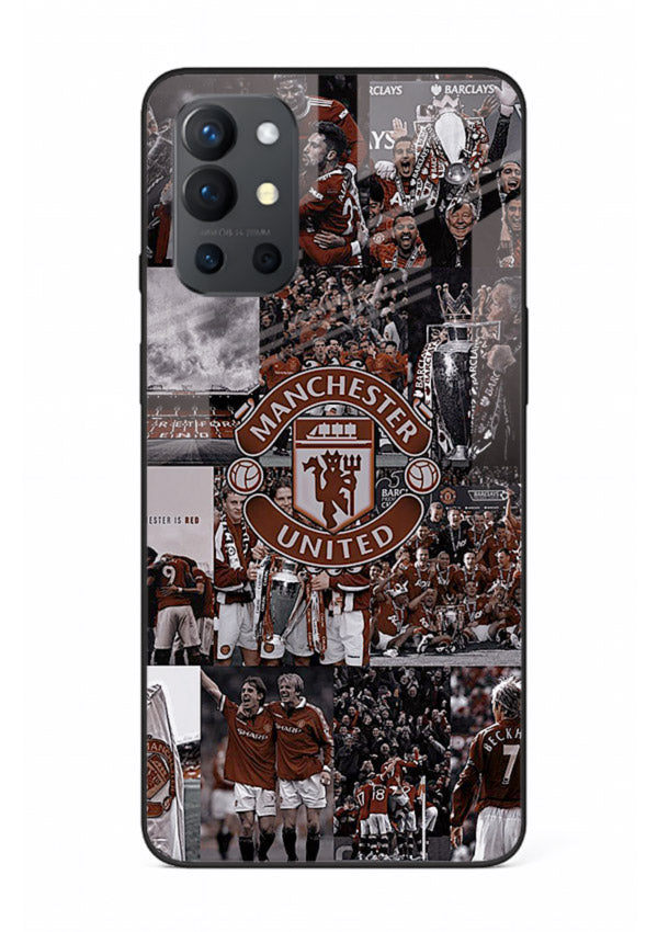 Football collage artwork printed on glossy tempered glass OnePlus 9R back cover